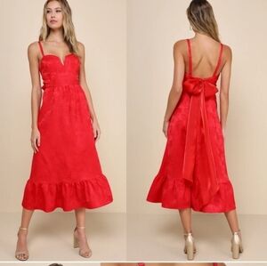 NWOT Lulus Major Perfection Red Floral Jacquard Midi Dress with Pockets Size S